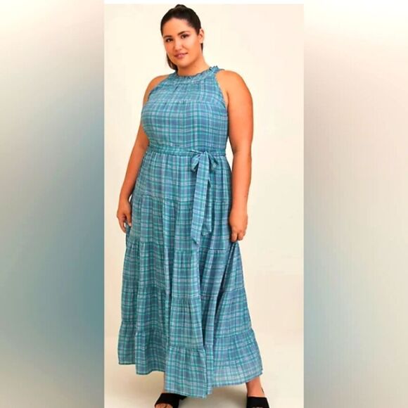 Torrid Maxi Sleeveless Green Plaid Tiered Dress NWT - Perfect for Summer! - Picture 1 of 10